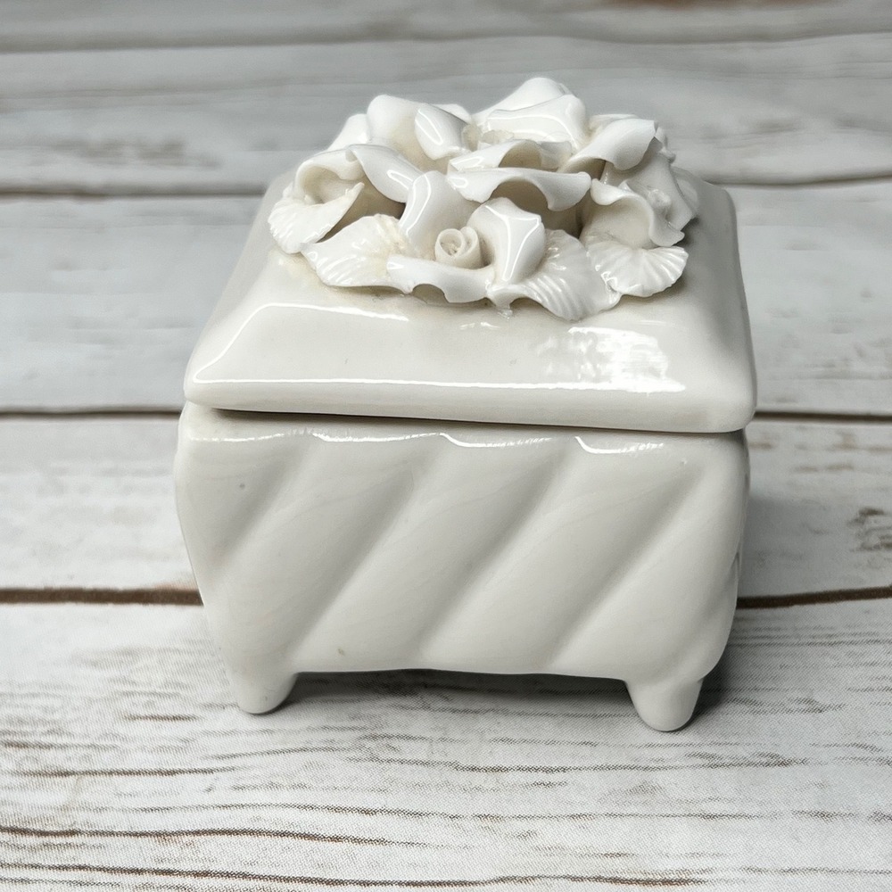 Trinket Box White Ceramic Floral Rose Lid Footed Square Small 3in